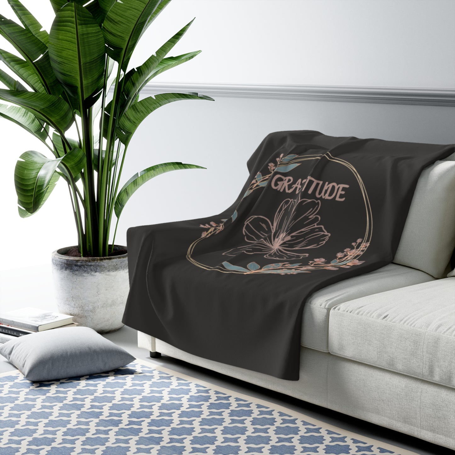 🌸 Couverture polaire Sherpa – Gris Charcoal floral