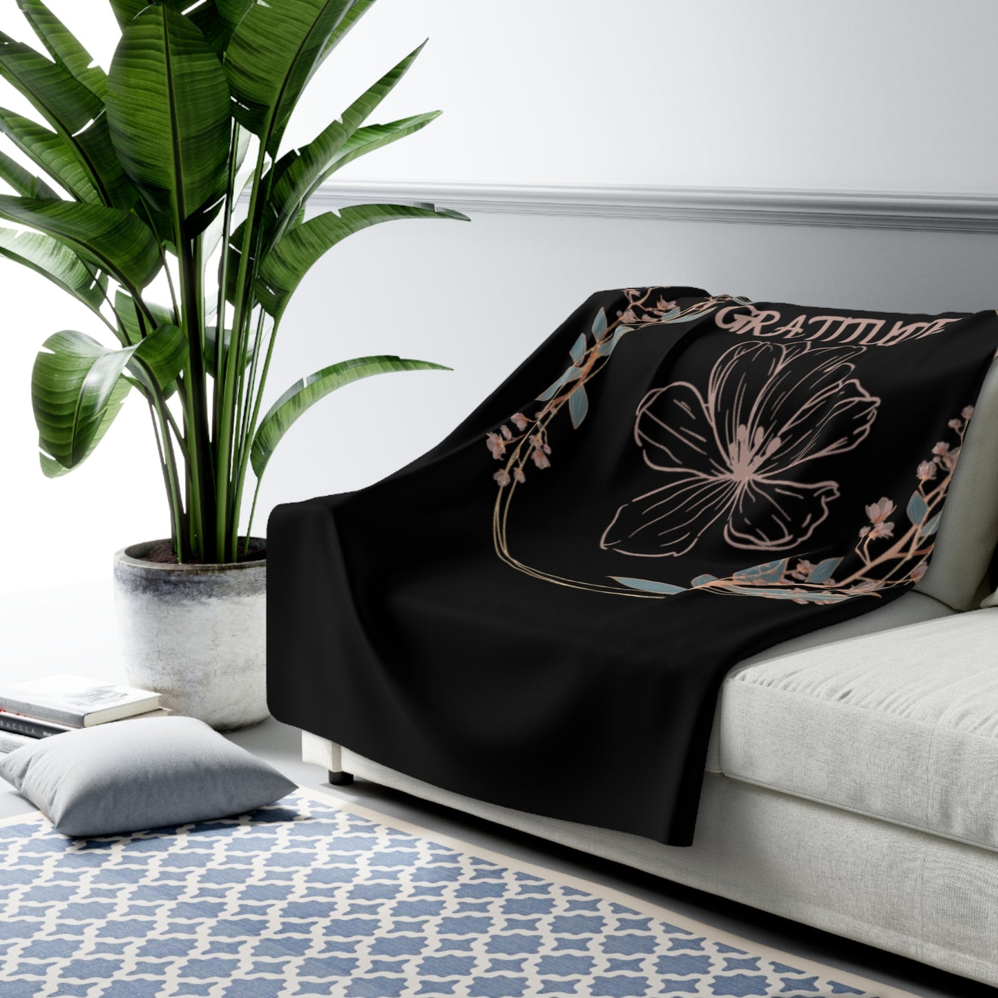🌸 Couverture polaire Sherpa – Noir floral