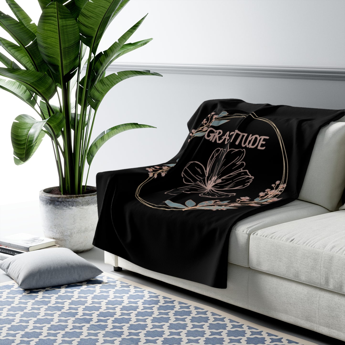 🌸 Couverture polaire Sherpa – Noir floral