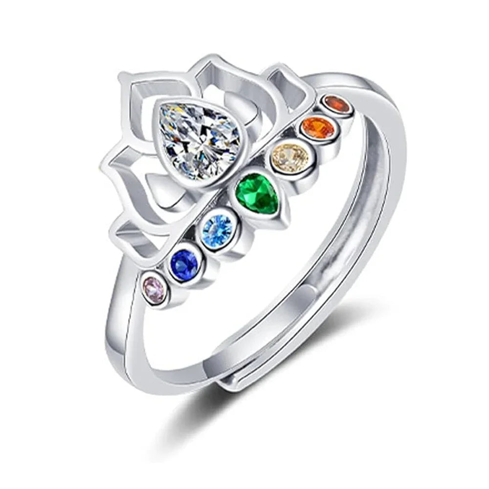 ✨ Bague Fleur de Lotus Bohème - 7 Chakras en Cristaux Arc-en-ciel ✨