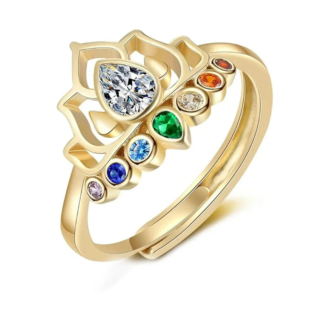 ✨ Bague Fleur de Lotus Bohème - 7 Chakras en Cristaux Arc-en-ciel ✨