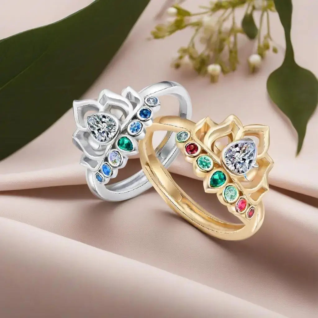 ✨ Bague Fleur de Lotus Bohème - 7 Chakras en Cristaux Arc-en-ciel ✨