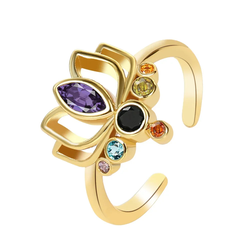✨ Bague Fleur de Lotus Bohème - 7 Chakras en Cristaux Arc-en-ciel ✨