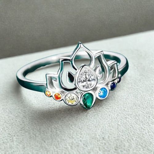 ✨ Bague Fleur de Lotus Bohème - 7 Chakras en Cristaux Arc-en-ciel ✨